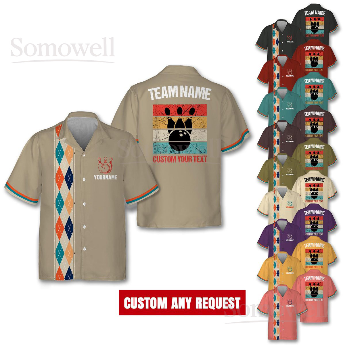 Personalized Retro Bowling Jersey Vintage Argyle Print Custom Team Name and Text Edition