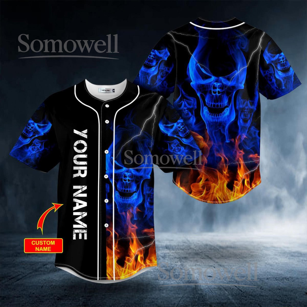 Personalized Skull Fire Baseball Jersey Gothic Blue Flame Design with Custom Team Name and Number