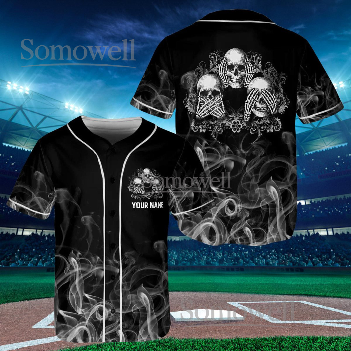 Personalized Skulls Baseball Jersey, Gothic Halloween Sportswear with Custom Name and Number
