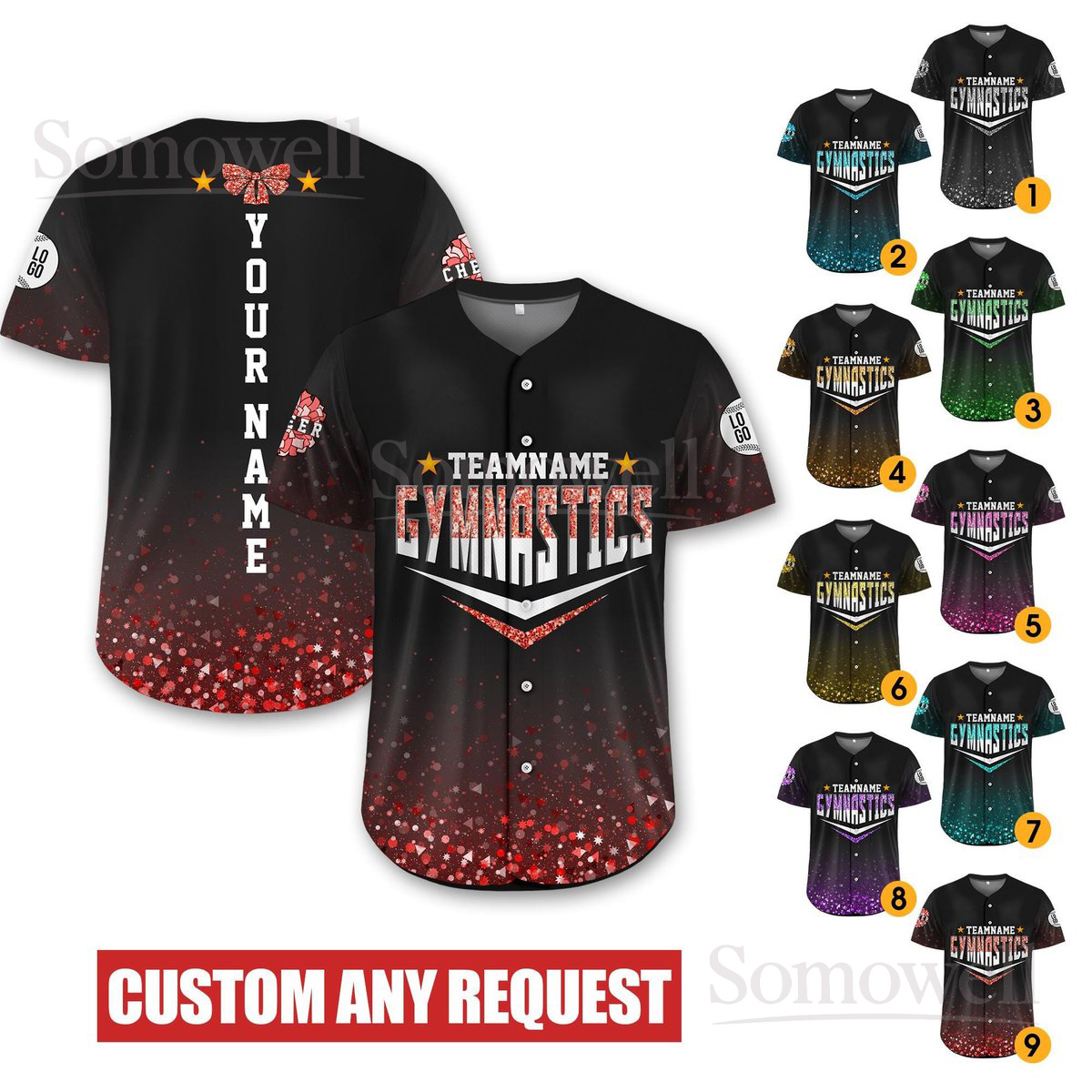 Custom Glitter Cheer Baseball Jersey Personalized with Team Name for Kids and Adults in Multiple Colors
