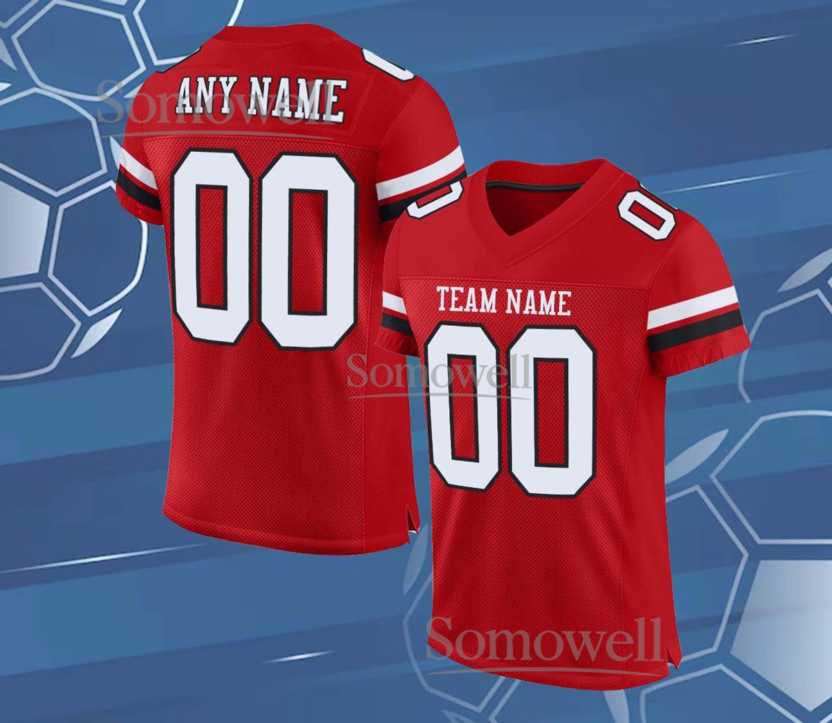 Personalized Football Jersey with Team Name & Custom Number for Adults & Kids, Red & White Football Shirt