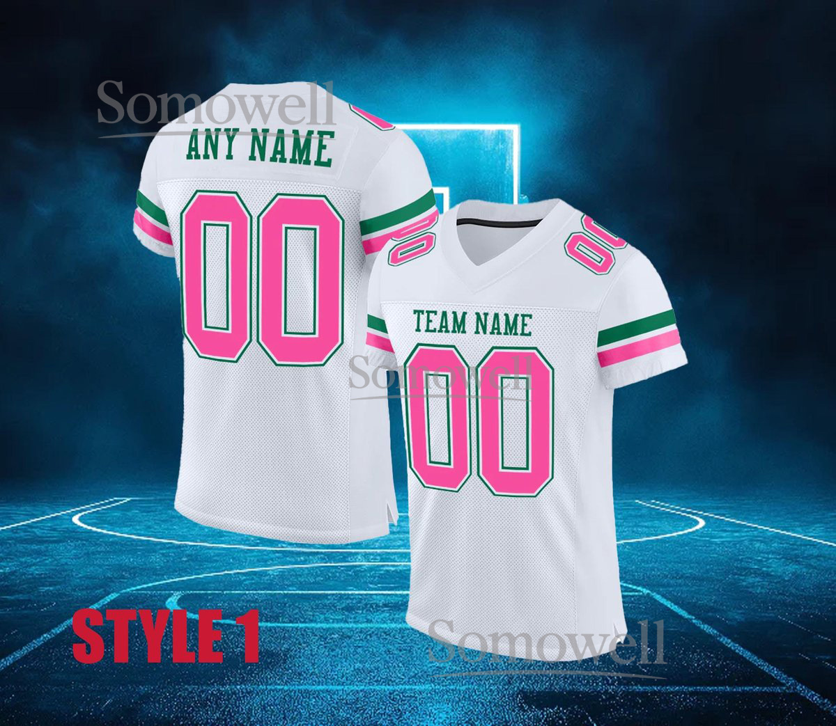 Custom Football Jersey White Pink Green Stripe Personalized Team Name Number Adult Youth Shirt