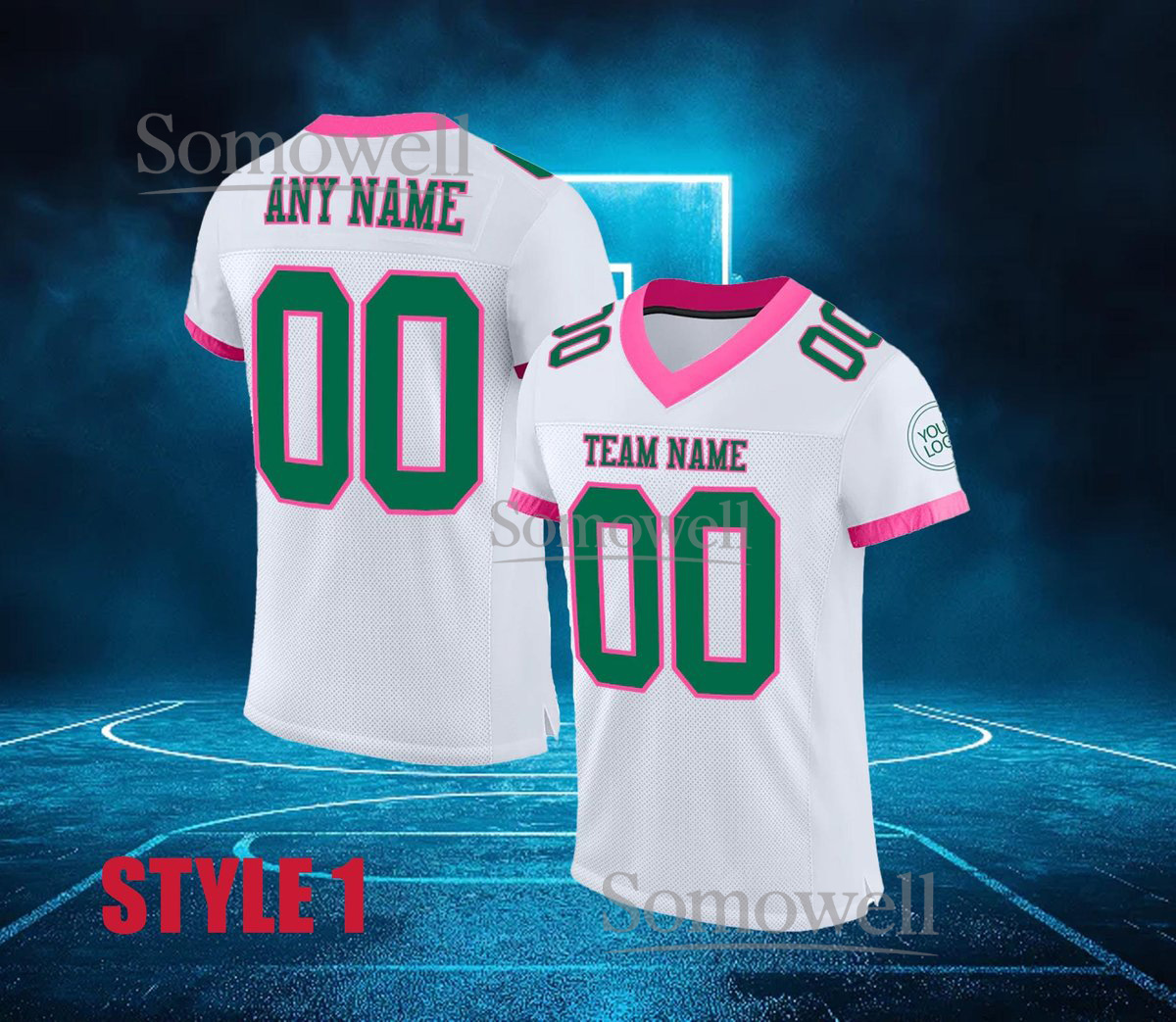 Custom Football Jersey White Pink Teal Trim Personalized Team Name Number Adult Youth Shirt