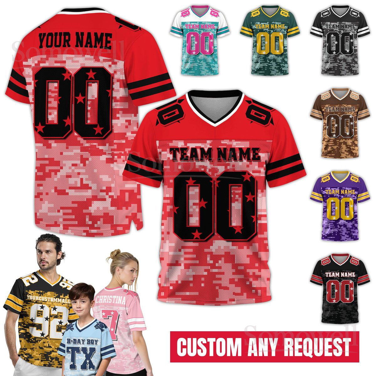 Custom Team Name Number Football Jersey Shirt Red Camouflage Multi-Color Sports Shirt