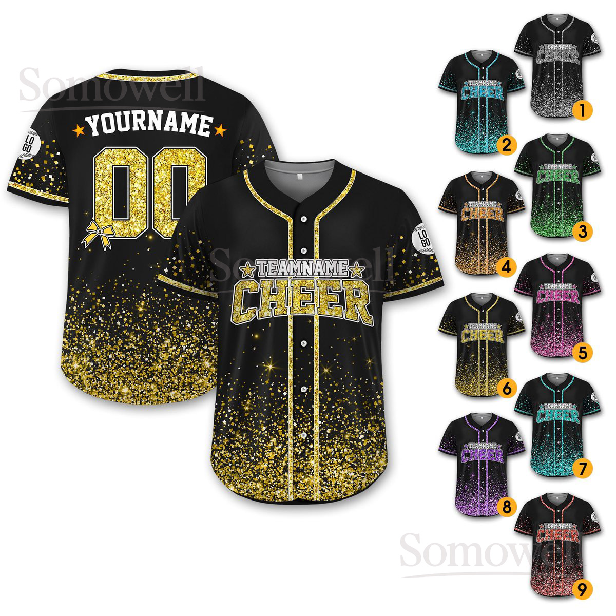 Personalized Team Name Number Glitter Cheer Baseball Jersey for Men Women Youth Kid in Multiple Colors