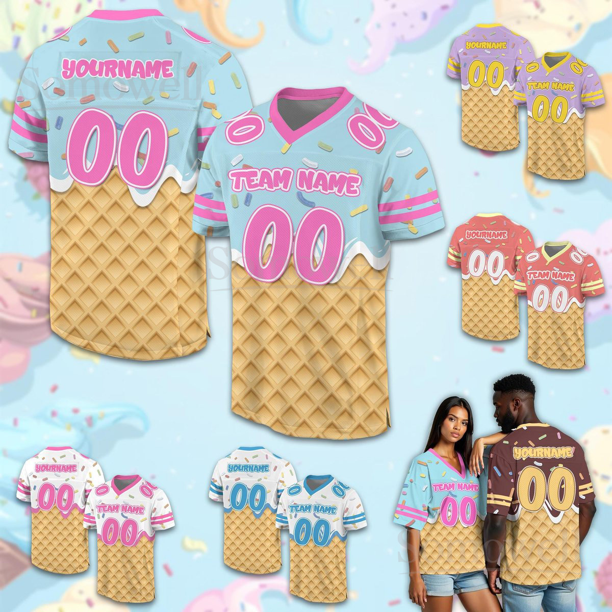 Personalized Team Name Number Ice Cream Drip Football Jersey Shirt for Men Women and Youth in Multiple Colors