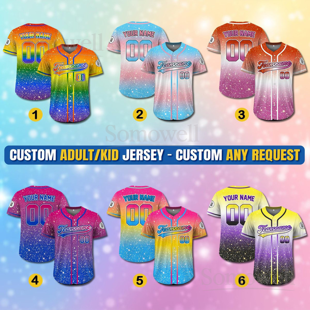 Personalized Team Name Number Baseball Jersey for Adult Youth Kid LGBTQ Pride Month Celebration Outfit Multi Color Edition