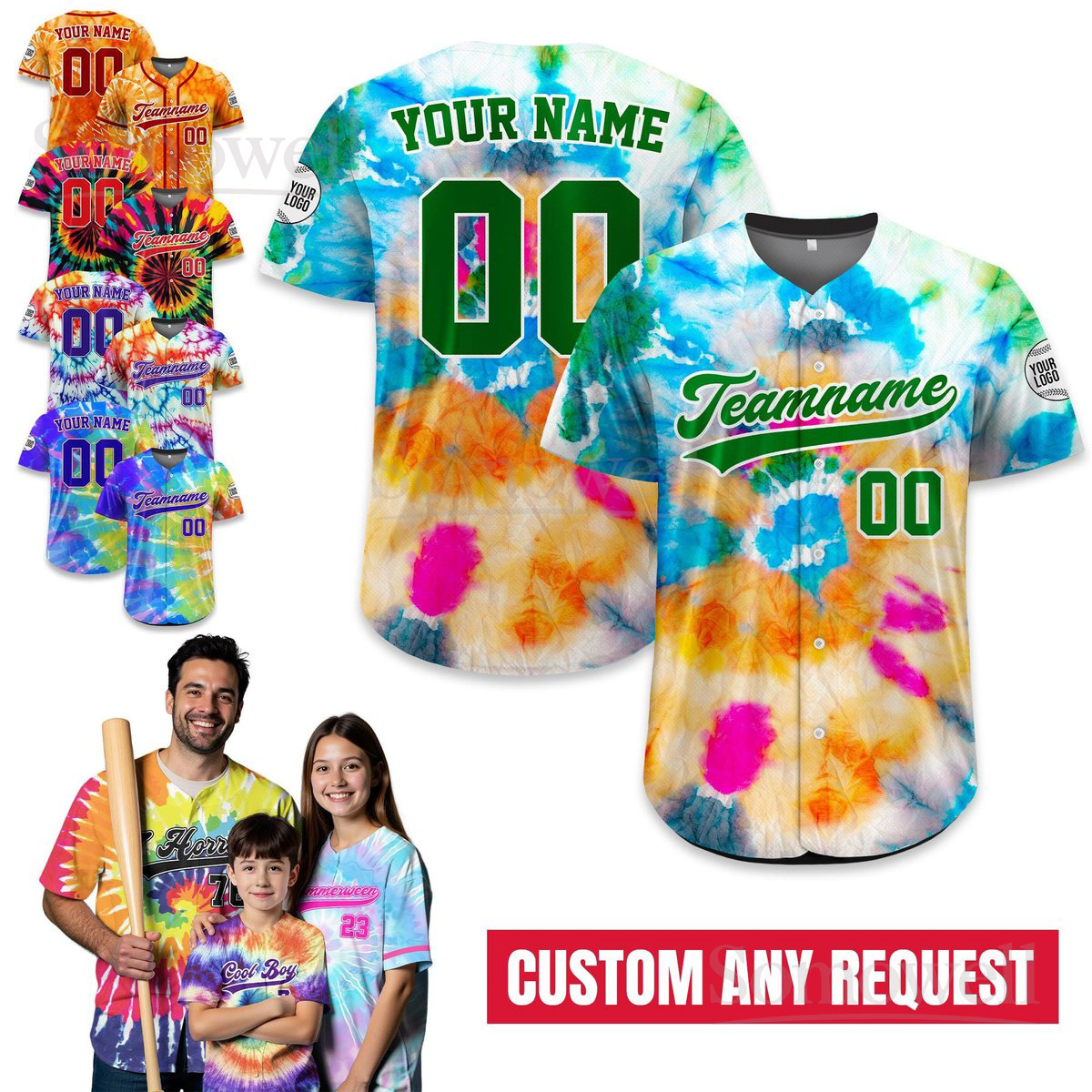 Personalized Tie Dye Pattern Baseball Jersey for Adult Kid Custom Team Name Number Summer Outfit Multi Color Edition