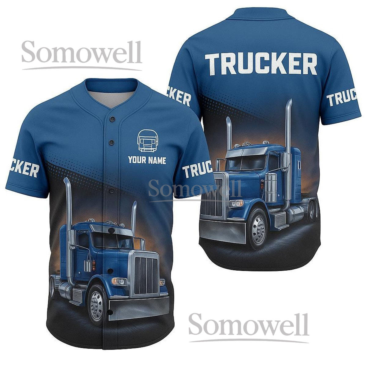 Trucker Baseball Jersey Blue Semi Truck Graphic Custom Name Personalized Driver Shirt