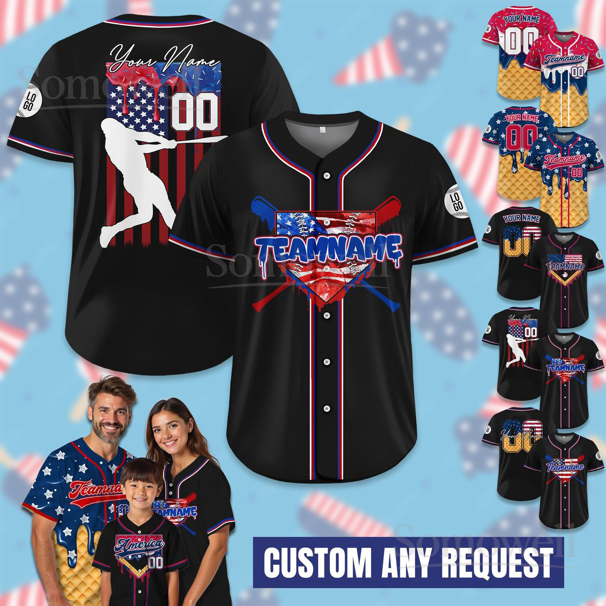Personalized USA Baseball Jersey with Ice Cream Drip for Adult Kid with Team Name Multi Color Edition