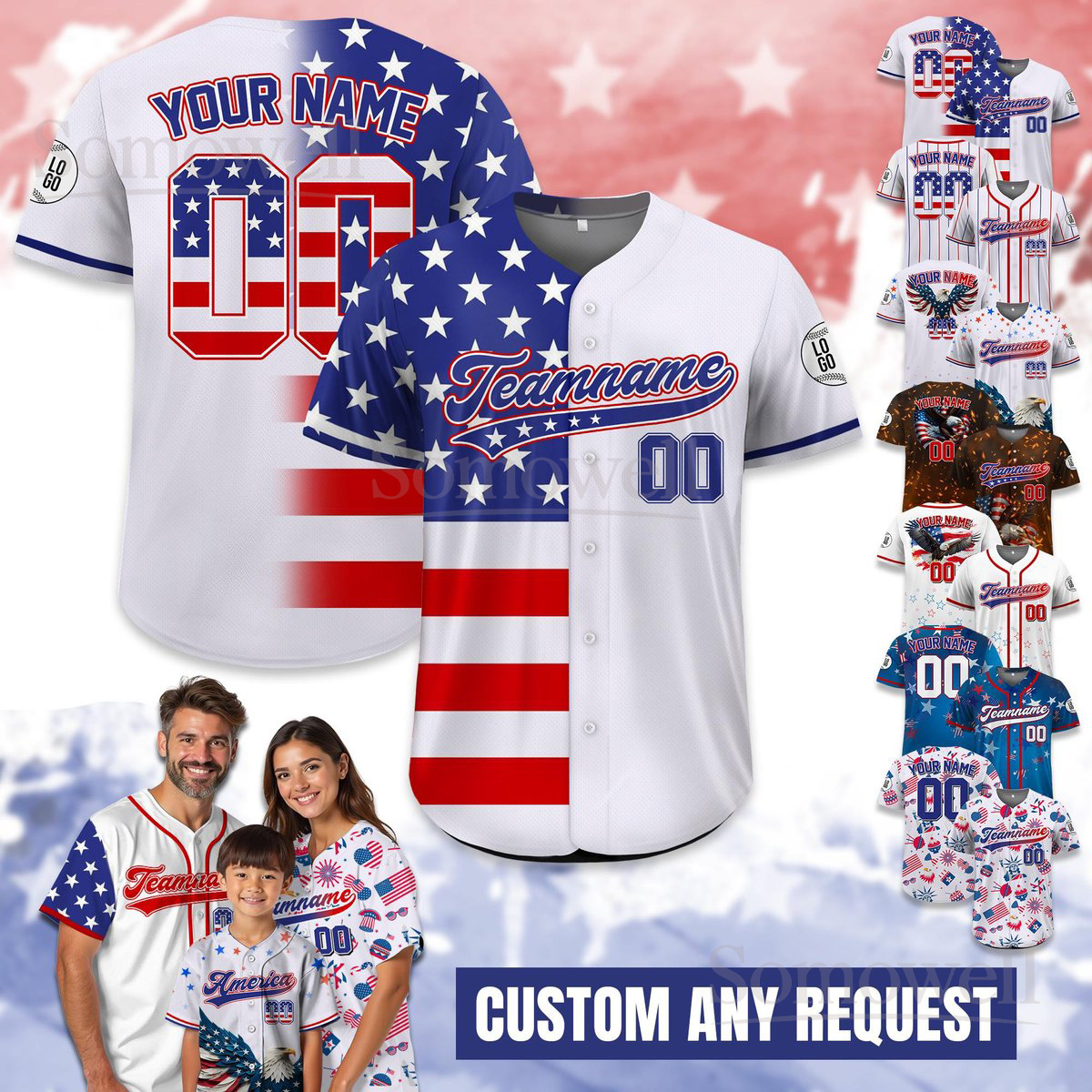 Personalized USA Baseball Jersey Custom Team Name and Number Patriotic 4th of July Family Matching Outfit Multi Color Edition