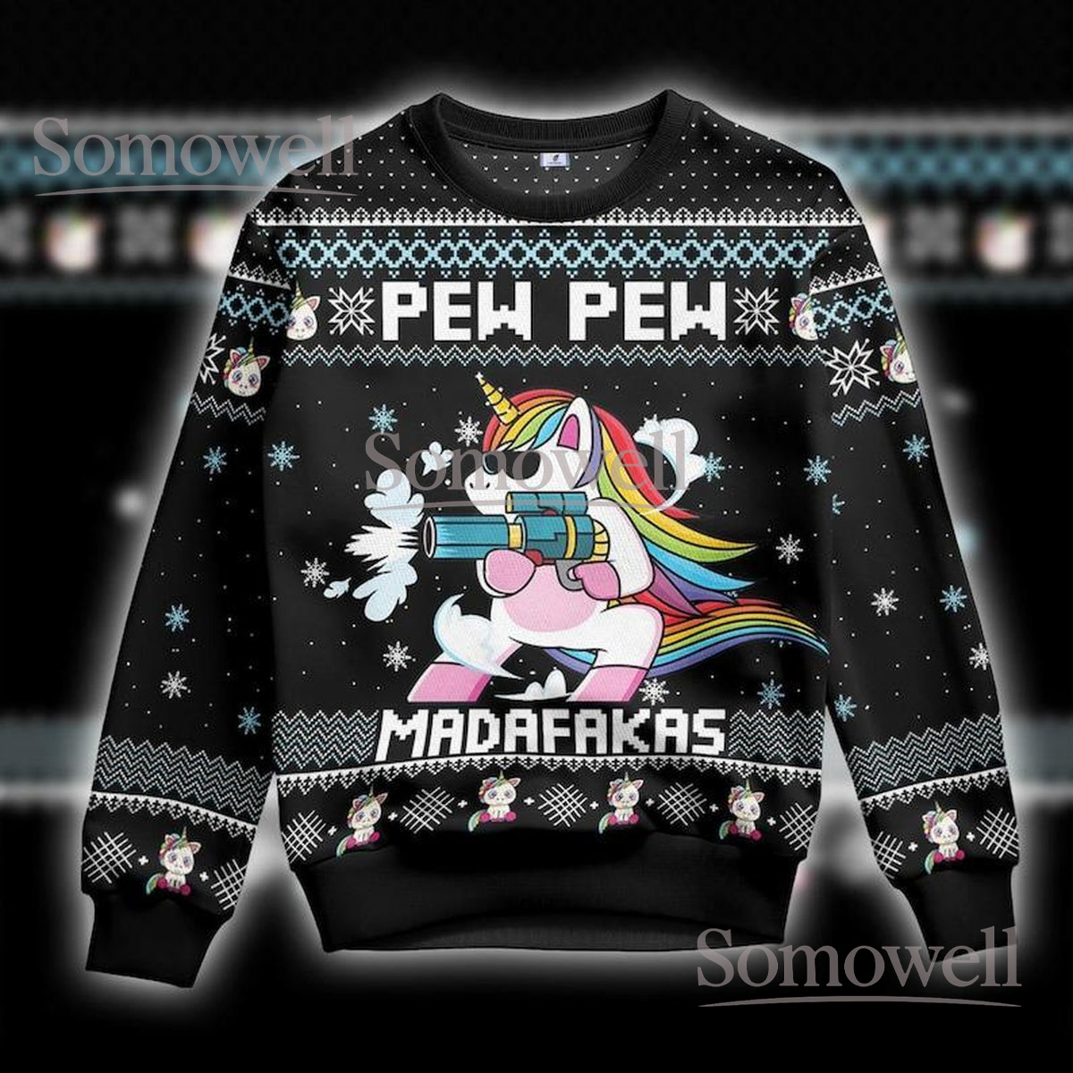 Pew Pew Unicorn Ugly Christmas Sweater Funny Rainbow Madafakas Holiday Gift