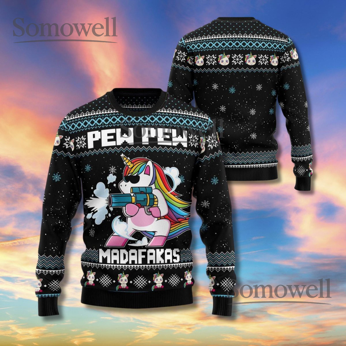 Pew Pew Unicorn Funny Christmas Sweater Black Rainbow Unisex Ugly Xmas Knit
