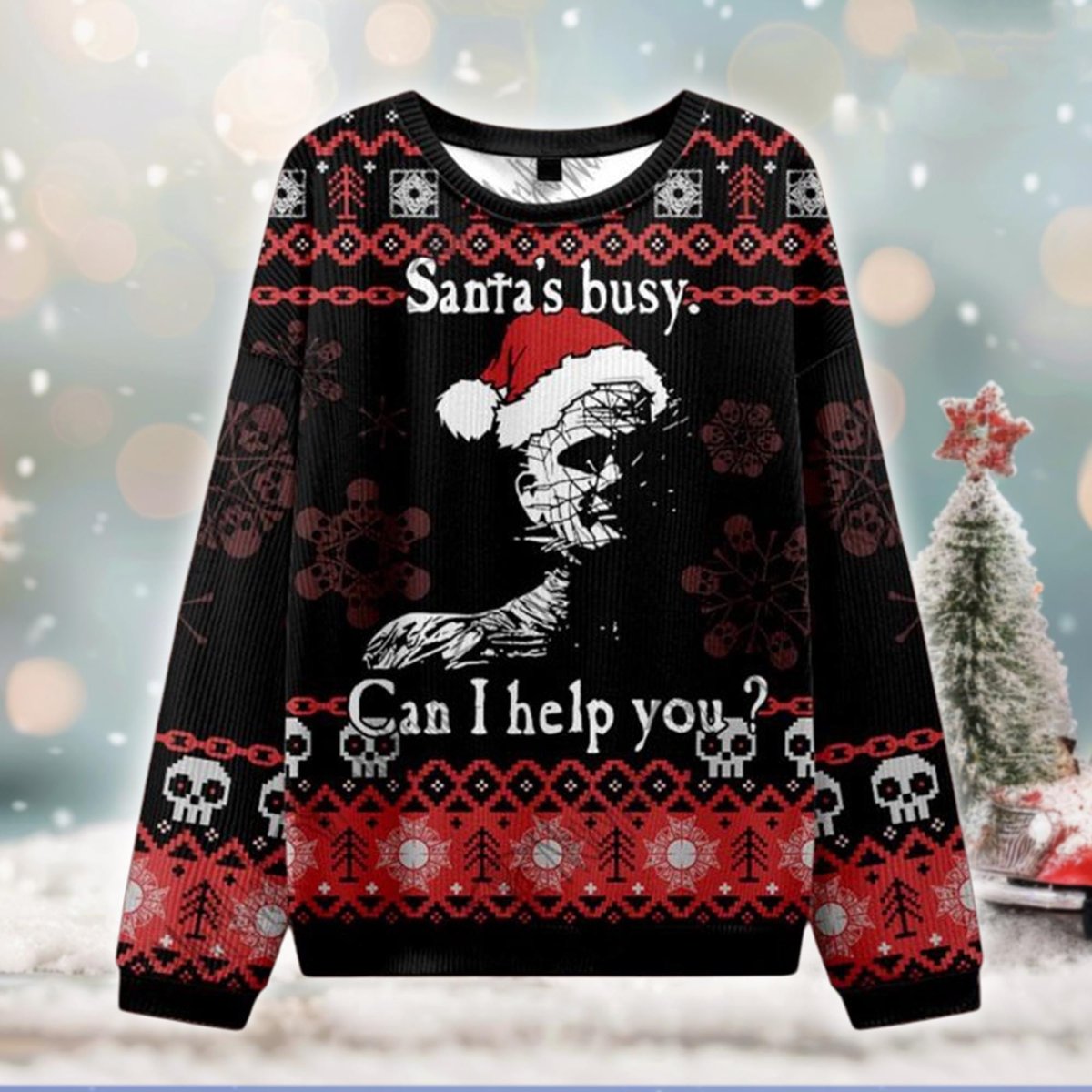 Pinhead Santa Ugly Sweater Horror Movie Villain Funny Dark Christmas Gift