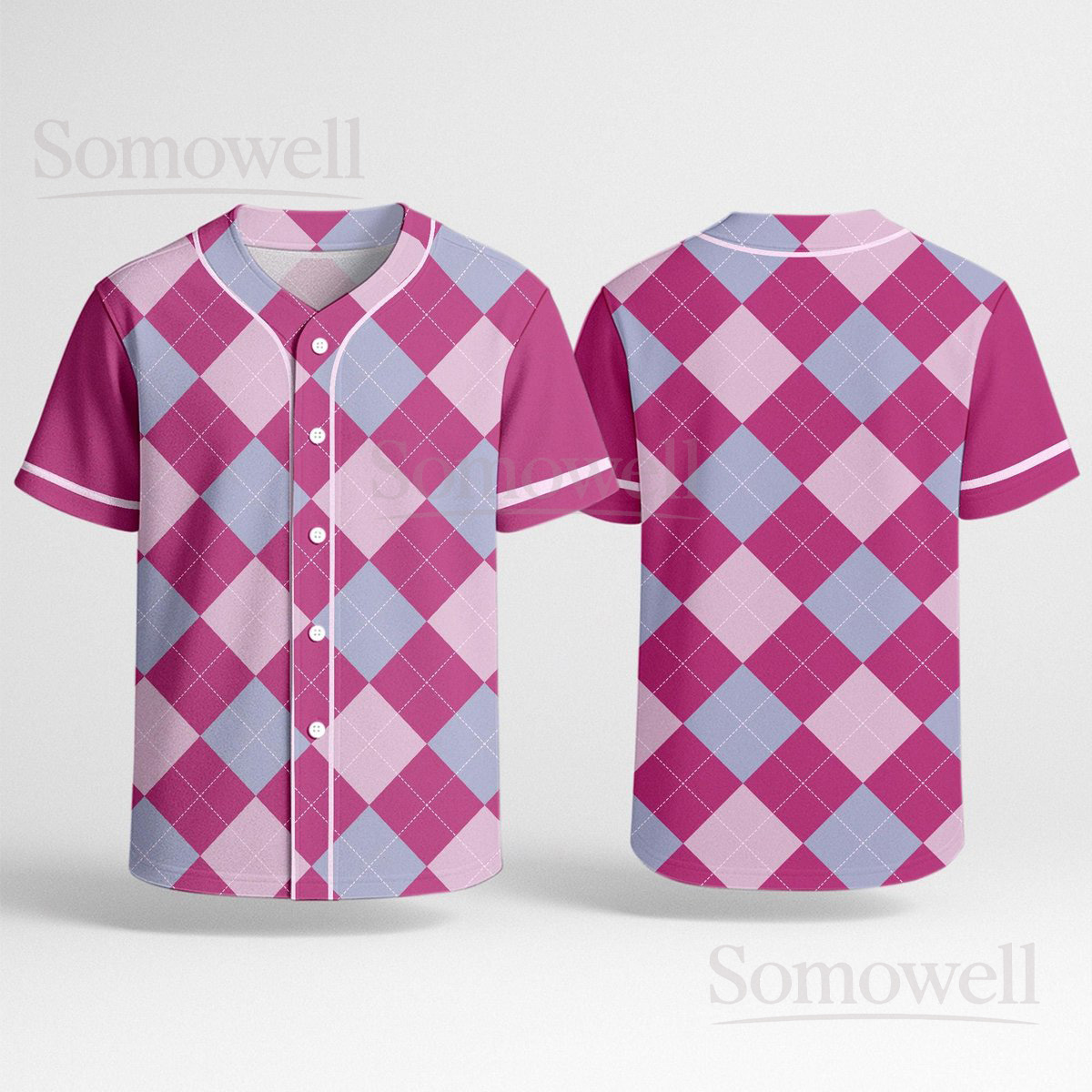 Custom Pink Argyle Baseball Jersey Shirt for Fashion Lovers Retro Plaid Pastel Pink and Purple Pattern Outfit