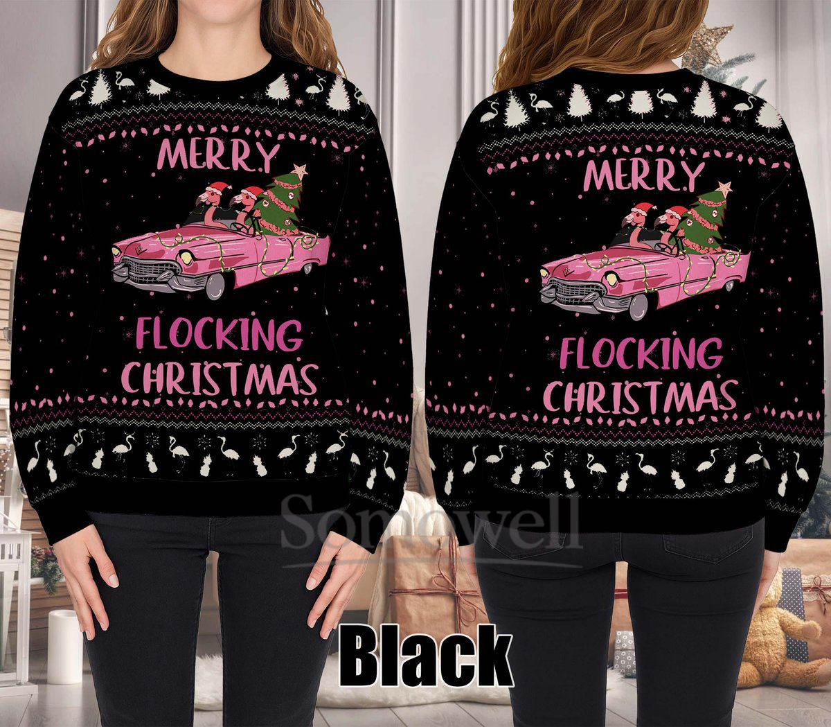 Pink Flamingo Merry Flocking Ugly Christmas Sweater Holiday Knit Gift