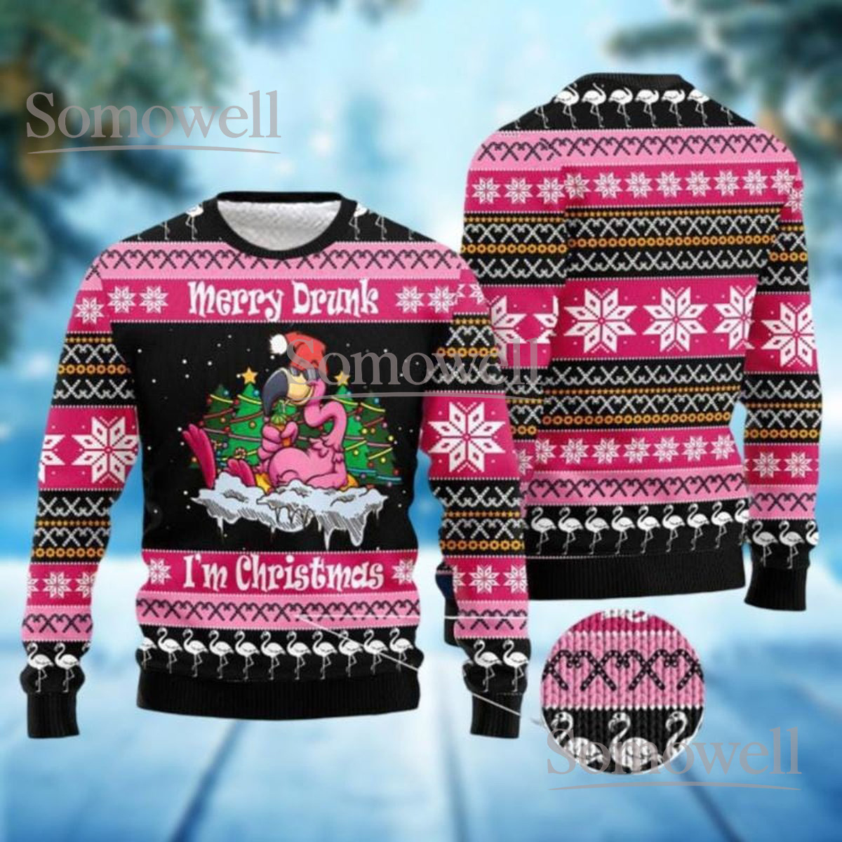 Merry Camping Flamingo Ugly Christmas Sweater Funny RV Camper Holiday Knit Jumper Gift