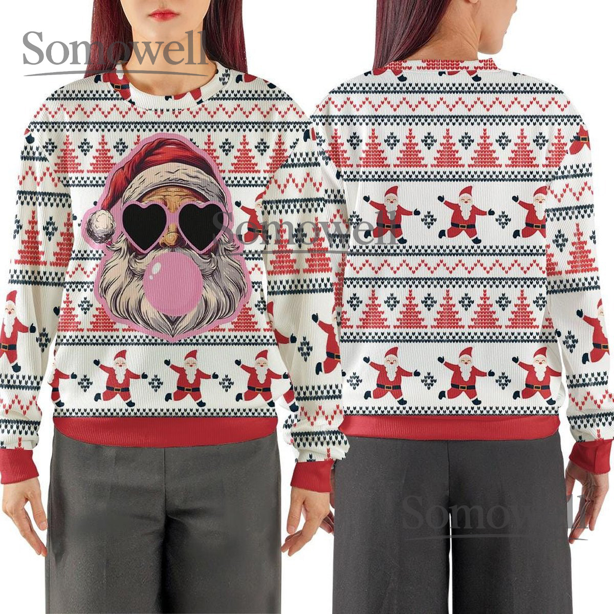 Pink Santa Bubble Gum Knitted Sweater Funny Christmas Ugly Sweater Cozy Winter Gift for Her_4395105906