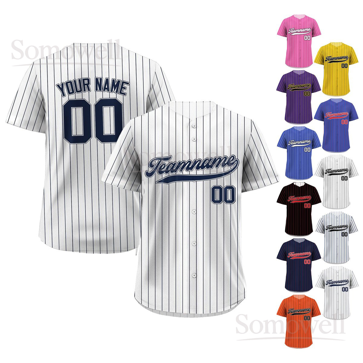 Pinstripe Custom Baseball Jersey with Teamname Name Number Personalized Striped Uniform Multi Color Edition