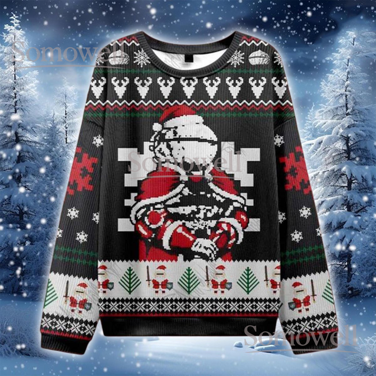 Pixel Robot Santa Black Christmas Ugly Sweater Retro Gamer Holiday Knit Jumper