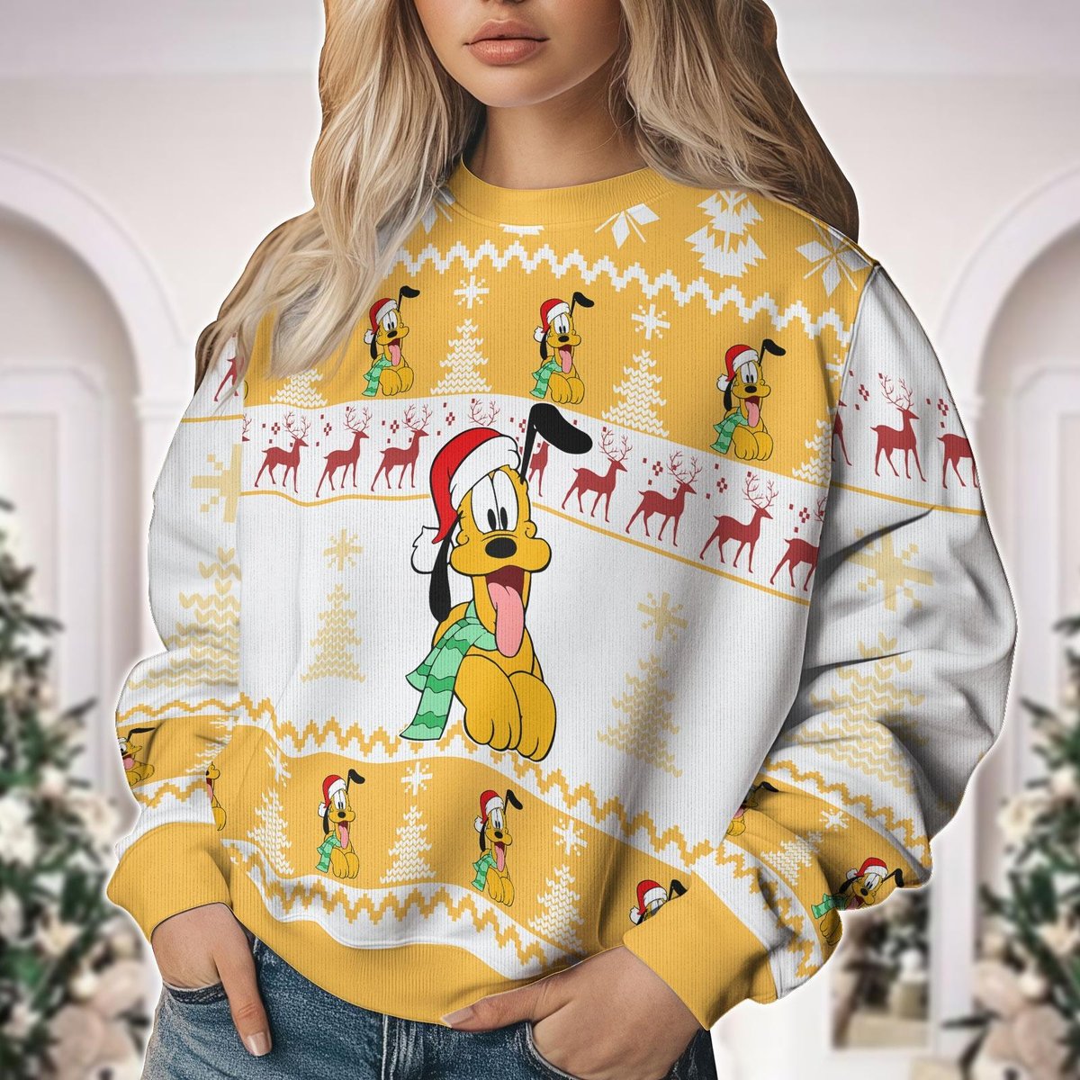 Disney Pluto Dog Ugly Christmas Sweater Funny Cartoon Holiday Gift