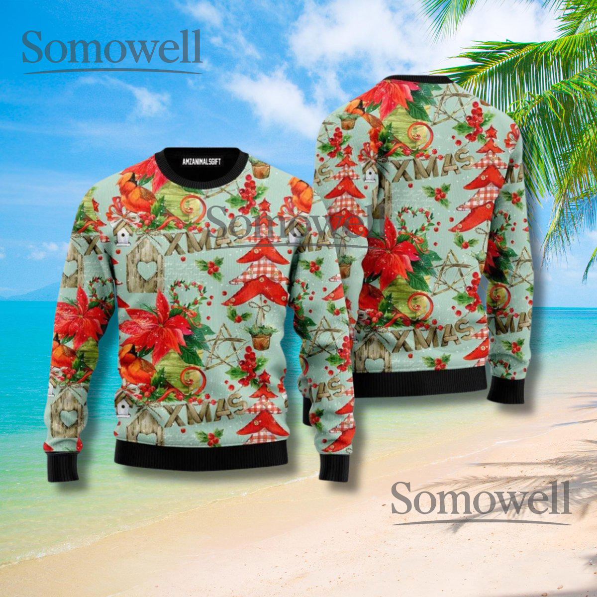 Poinsettia Floral Mint Ugly Christmas Sweater Cozy Holiday Tree Print Knit Jumper