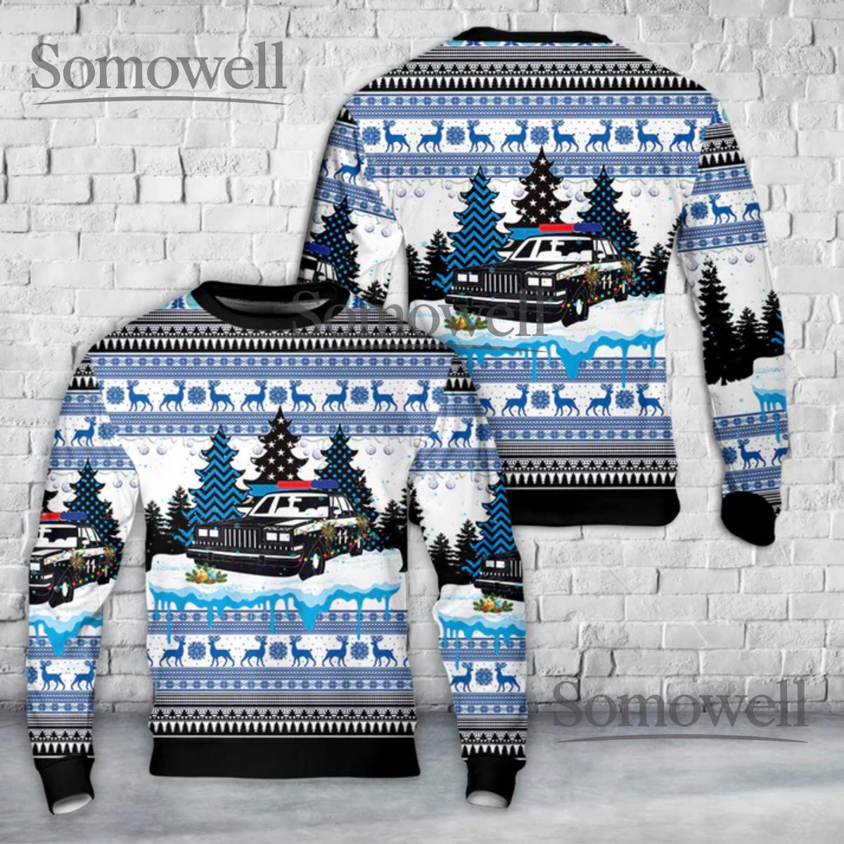 Police Car Christmas Sweater Blue Line Holiday Pullover