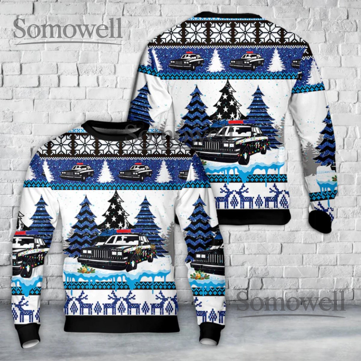 Police Patrol Car Christmas Sweater Blue Holiday Crewneck