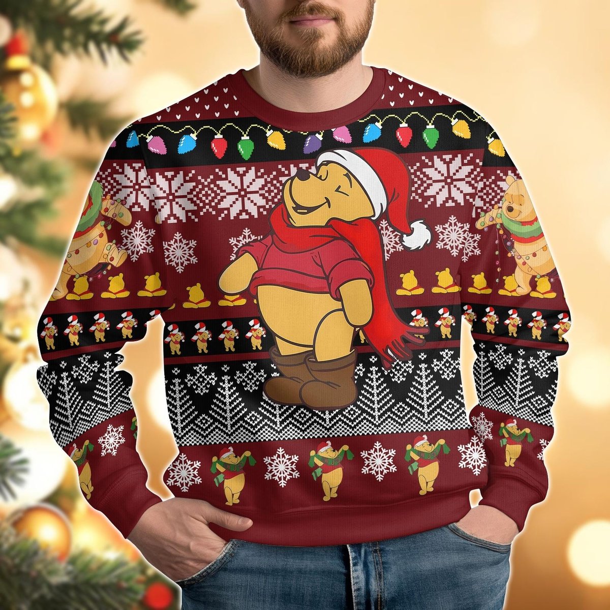 Pooh Bear Red Ugly Christmas Sweater Cute Cartoon Holiday Knit Pullover Gift