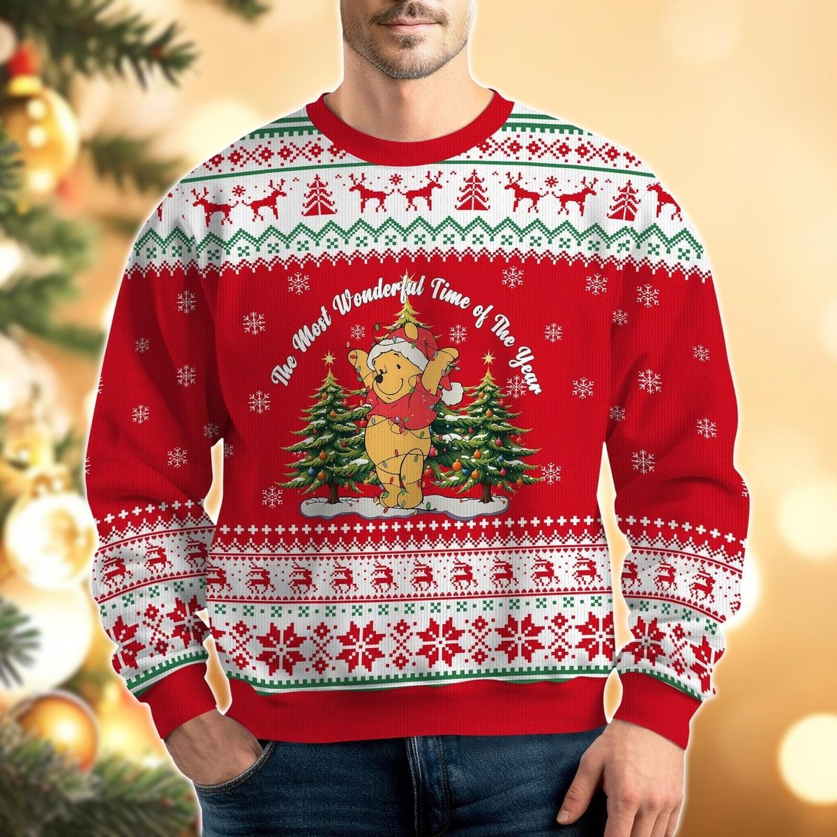 Pooh Bear Wonderful Time Red Ugly Christmas Sweater Cute Cartoon Holiday Knit Gift