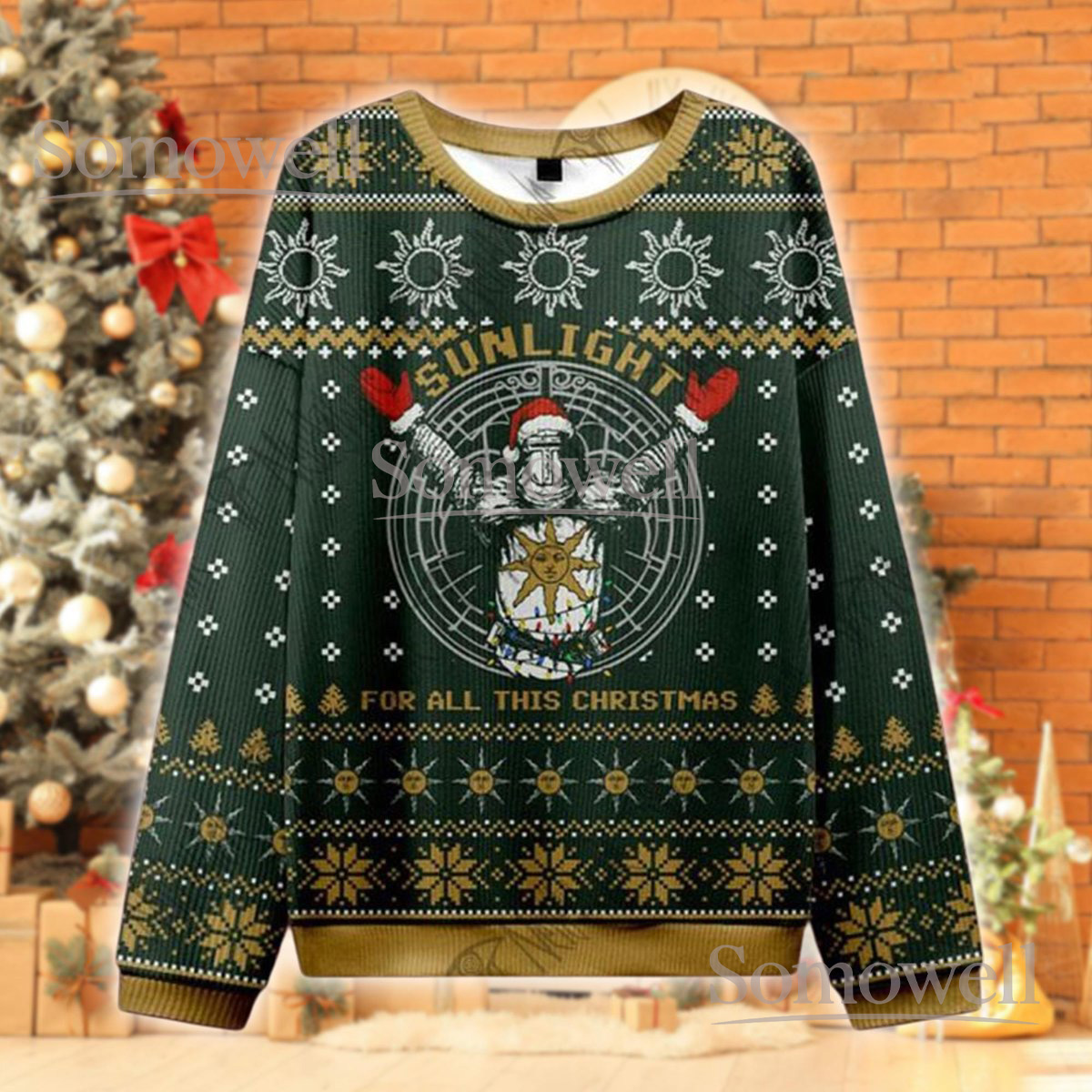 Praise the Sun Green Christmas Ugly Sweater Sunlight Knight Holiday Knit Jumper