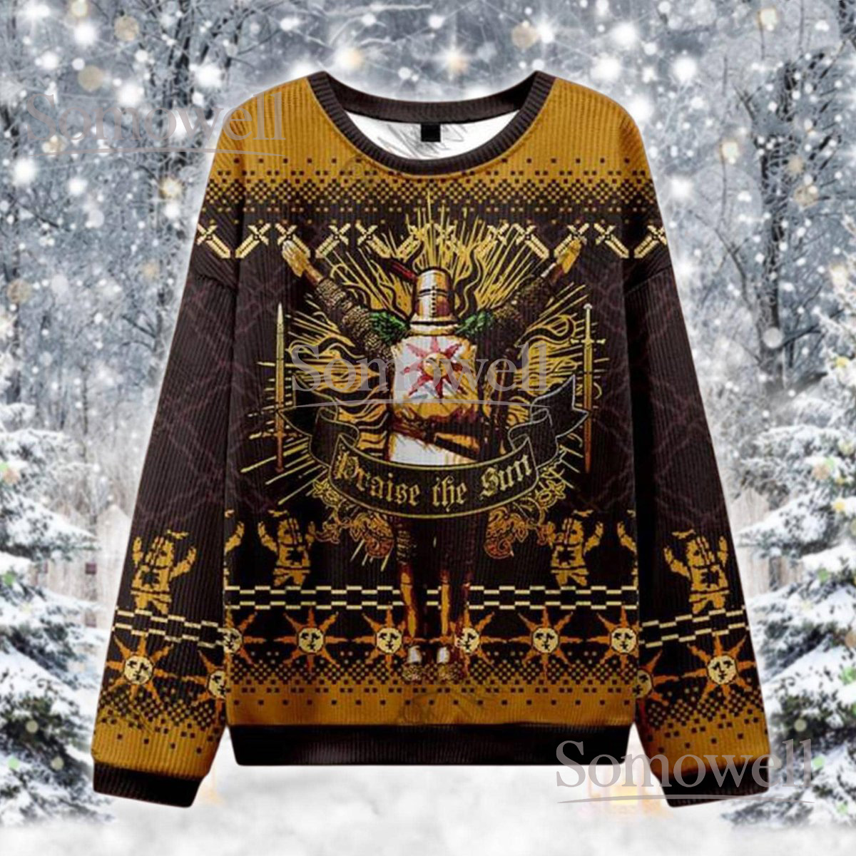 Praise the Sun Gold Brown Christmas Ugly Sweater Knight Gamer Holiday Knit Jumper