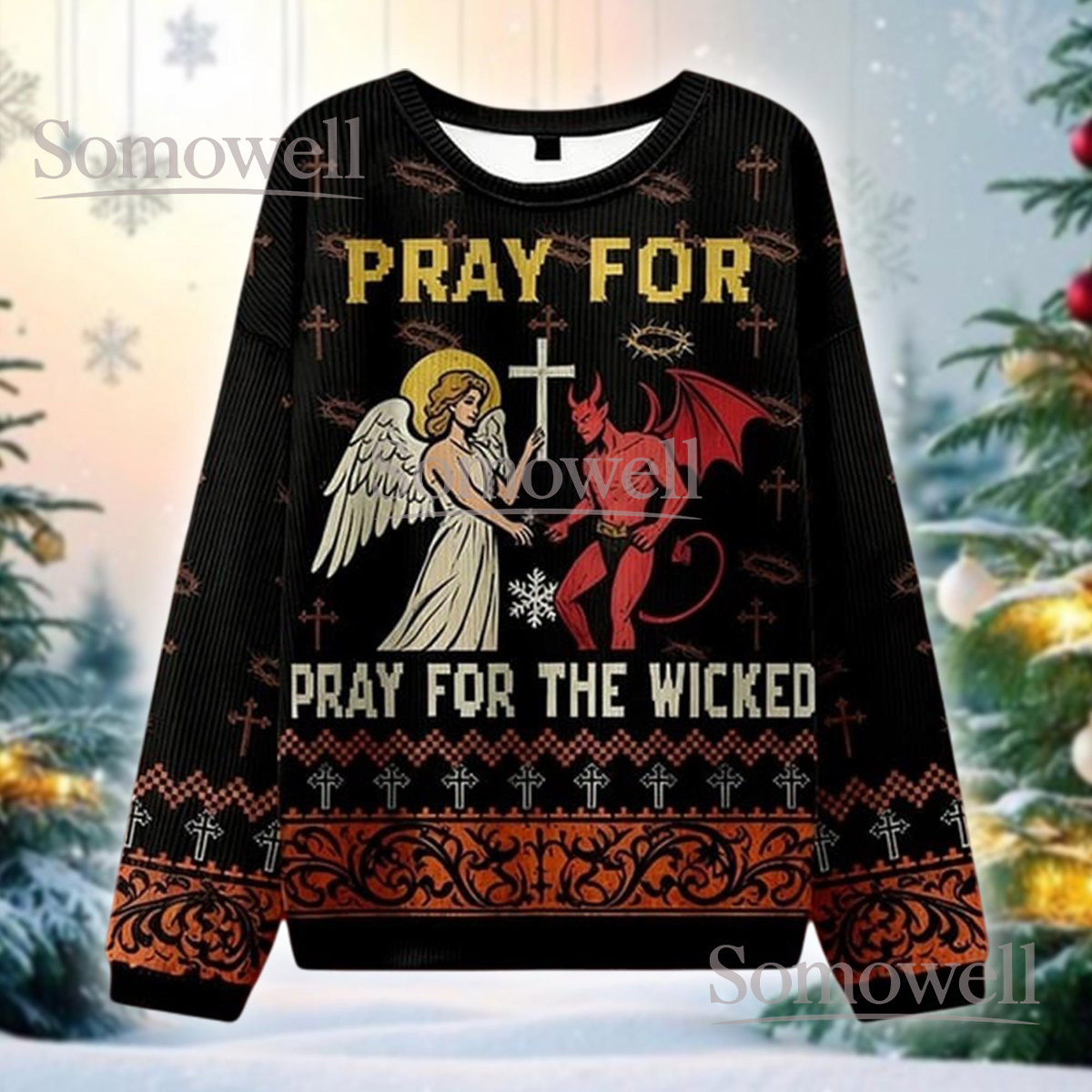 Pray For The Wicked Ugly Christmas Sweater Angel Devil Funny Gothic Holiday Gift
