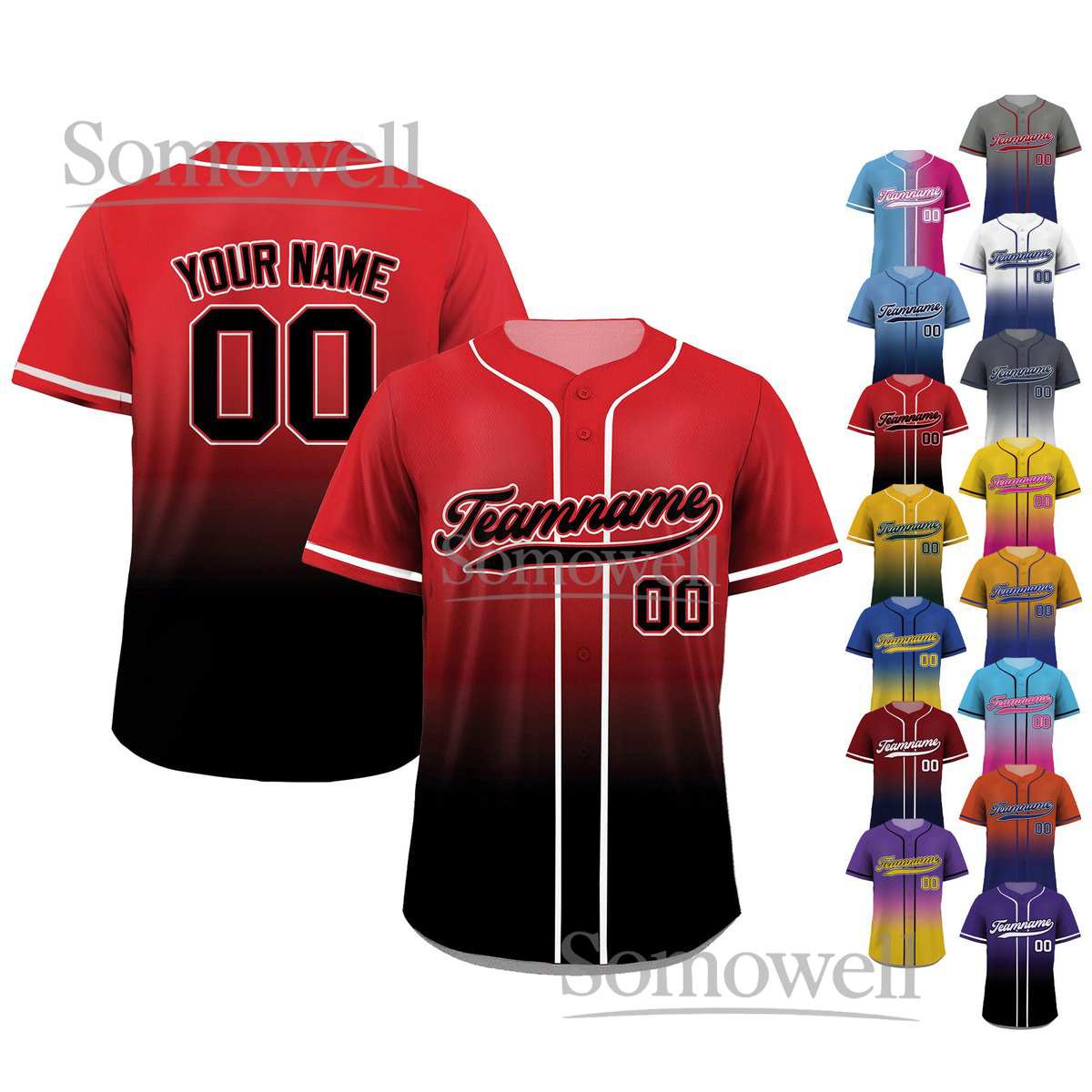 Printed Black Red Gradient Custom Baseball Jersey with Teamname Name Number Available in Multiple Colors