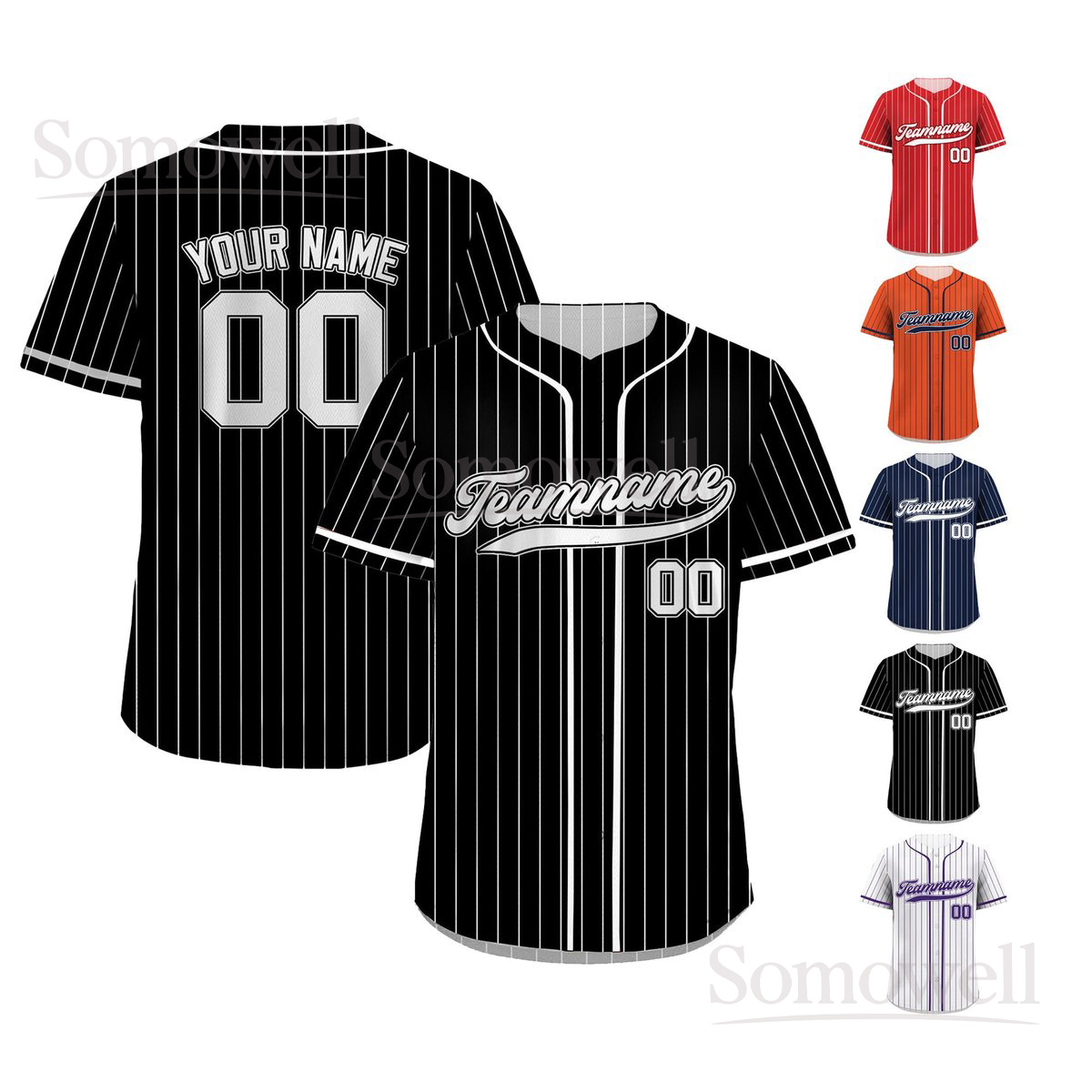 Printed Black White Pinstripe Custom Baseball Jersey Personalized Team Name and Number Multi Color Edition