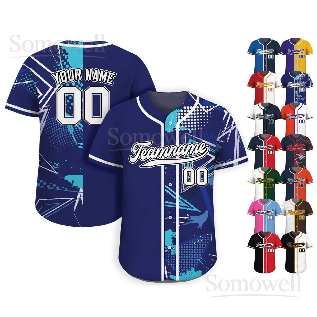 Personalized Baseball Jersey with Team Name and Number Blue Graffiti Multi-Color Sports Shirt