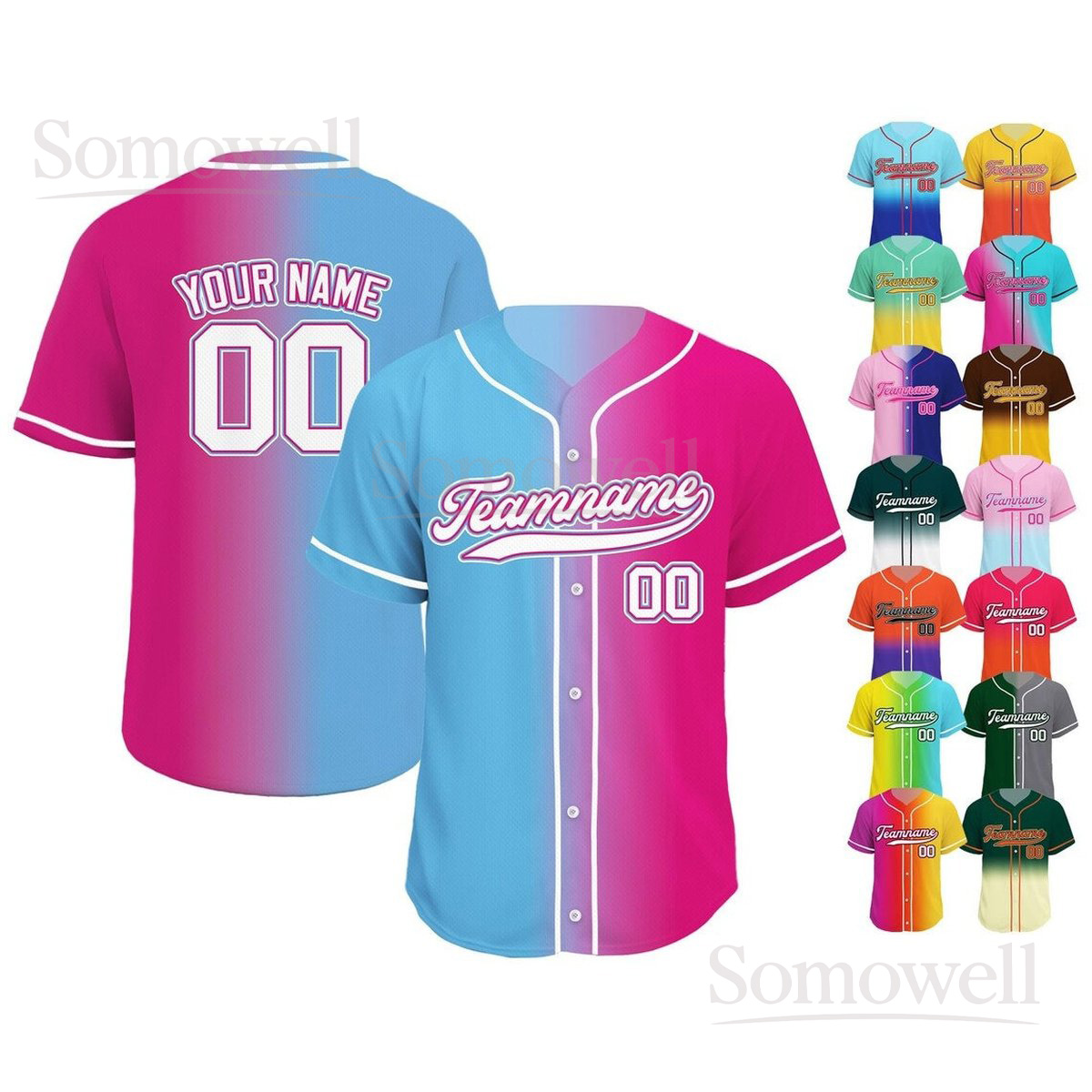 Custom Blue Pink Gradient Baseball Jersey Personalized Team Name Number Softball Uniform Gift for Men Women Youth Multi Color Edition