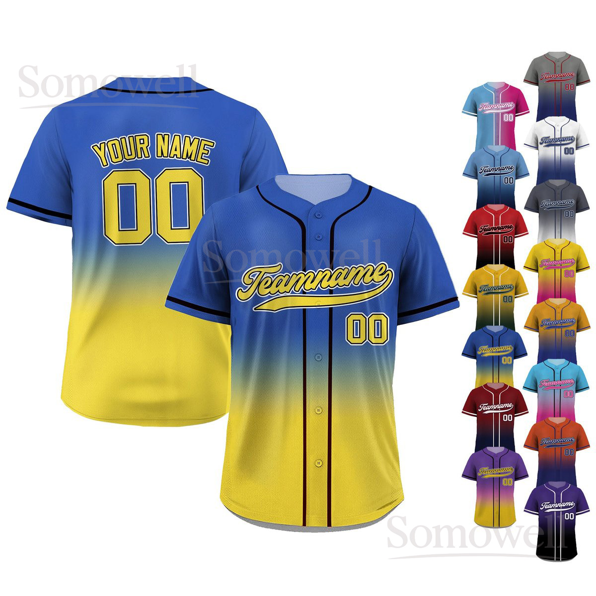 Printed Blue Yellow Gradient Custom Baseball Jersey with Teamname Name Number Multi Color Edition