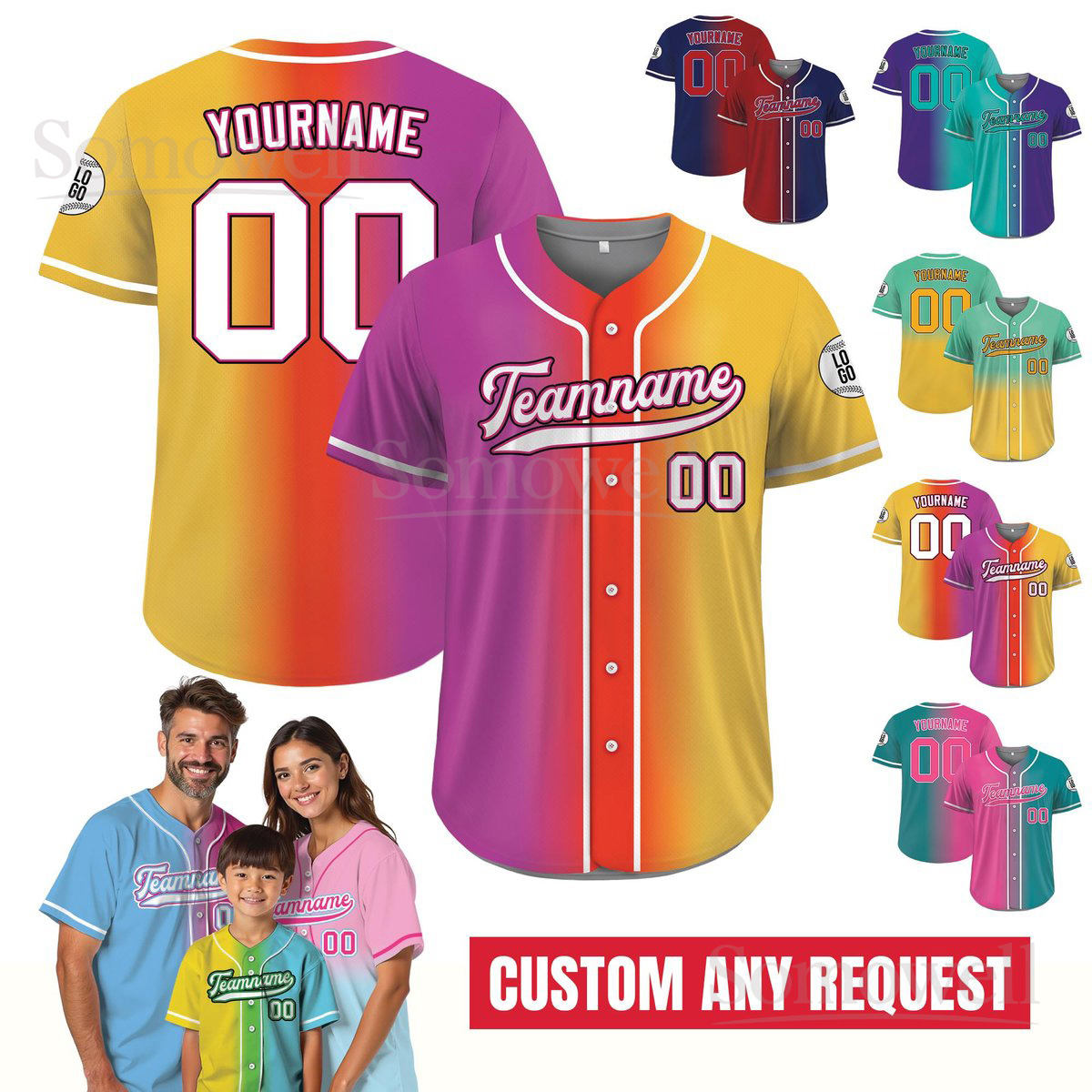Printed Gradient Custom Baseball Jersey with Team Name and Number Multi Color Edition