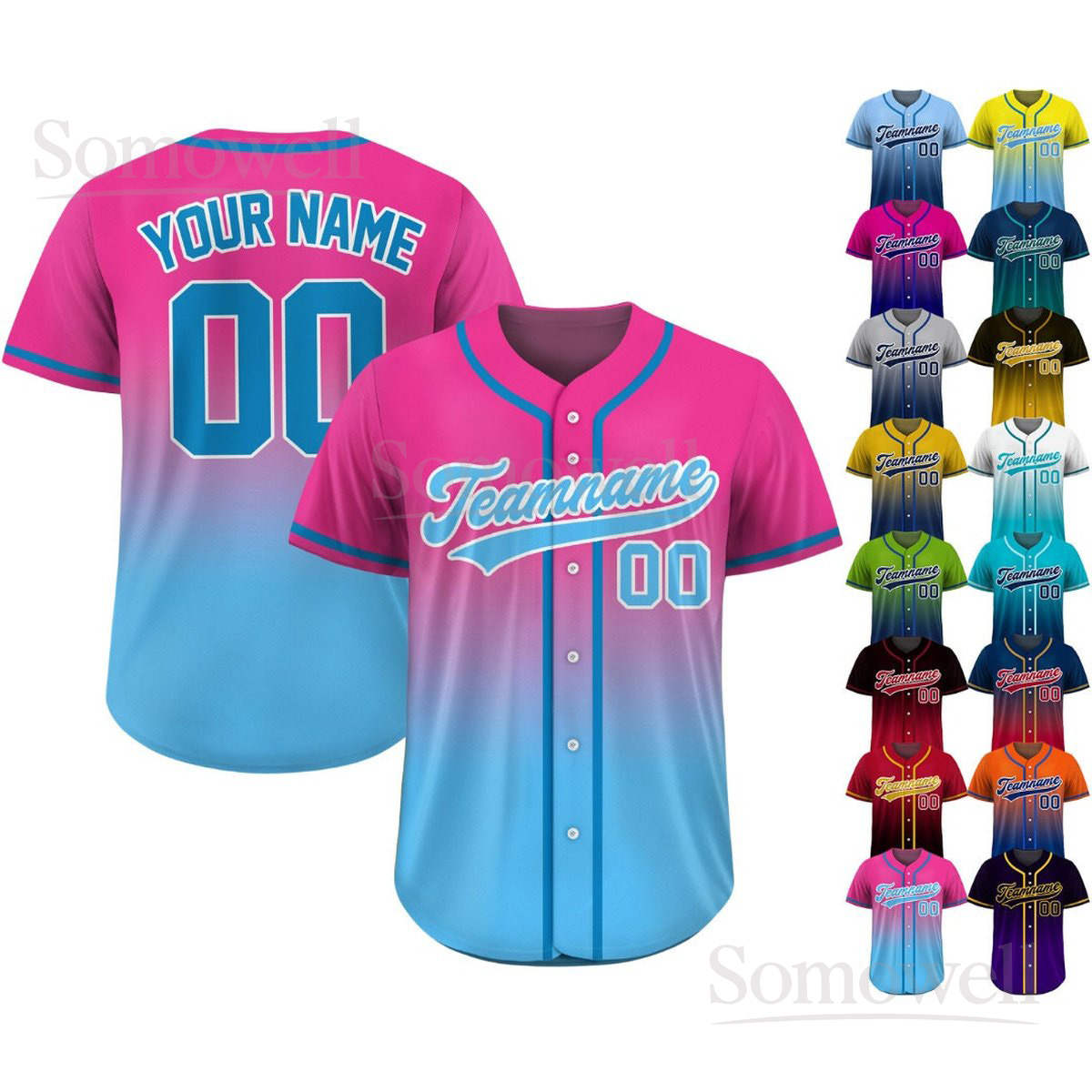 Printed Gradient Custom Baseball Jersey Many Colors with Teamname Name Number for Men Women Youth