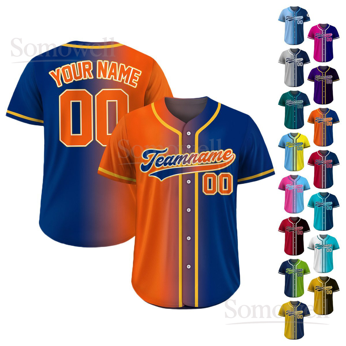Printed Gradient Custom Baseball Jersey with Teamname Name Number for Men Women Youth Multi Color Edition