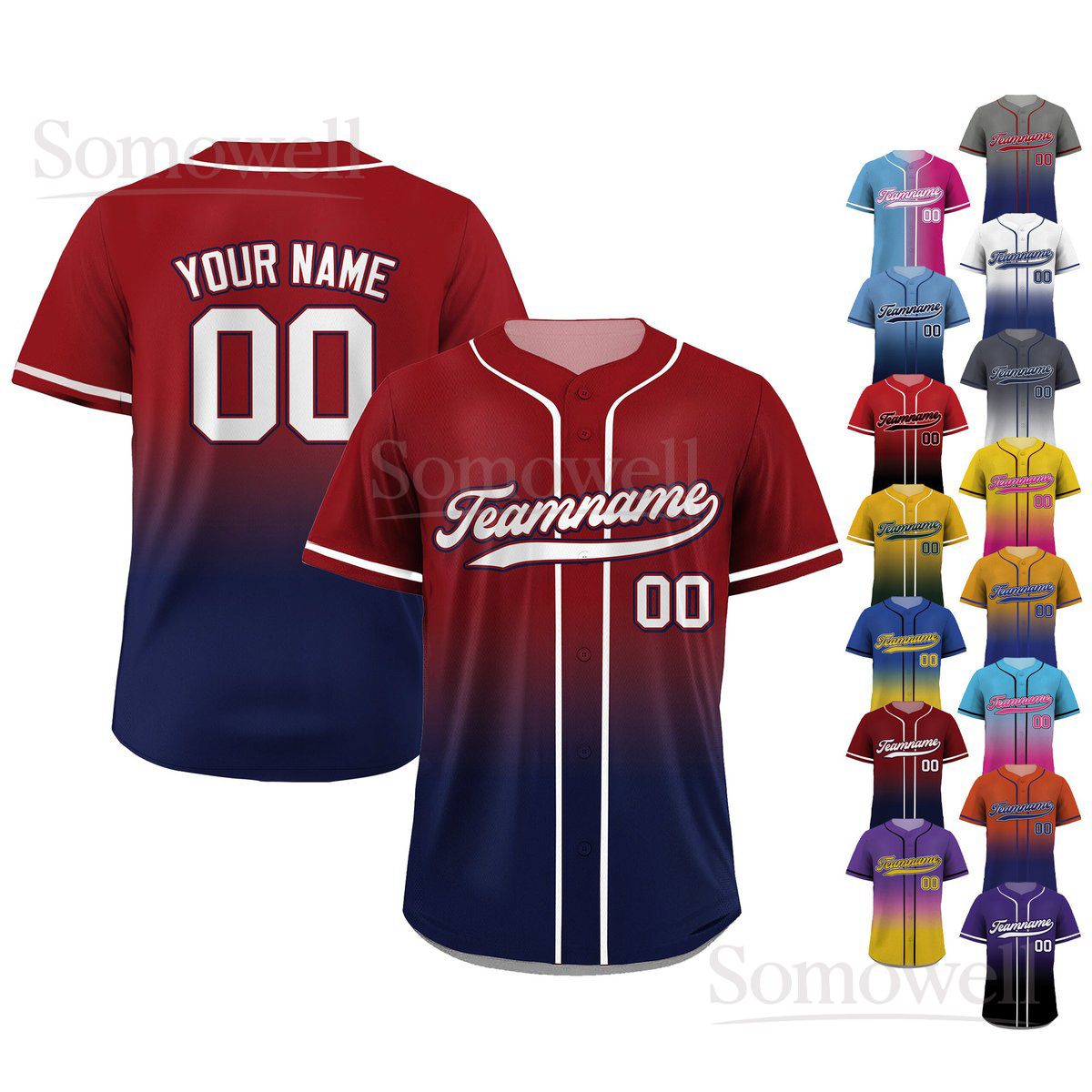 Printed Navy Red Gradient Custom Baseball Jersey with Teamname Name Number Personalized Shirt Multi Color Edition