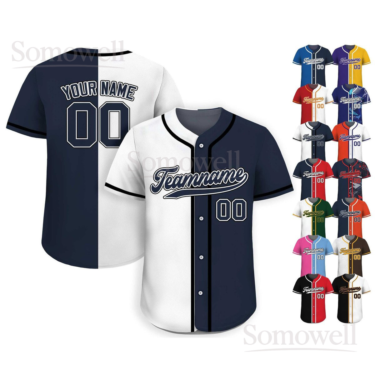 Printed Navy White Custom Baseball Jersey with Teamname Name Number Multi Color Edition