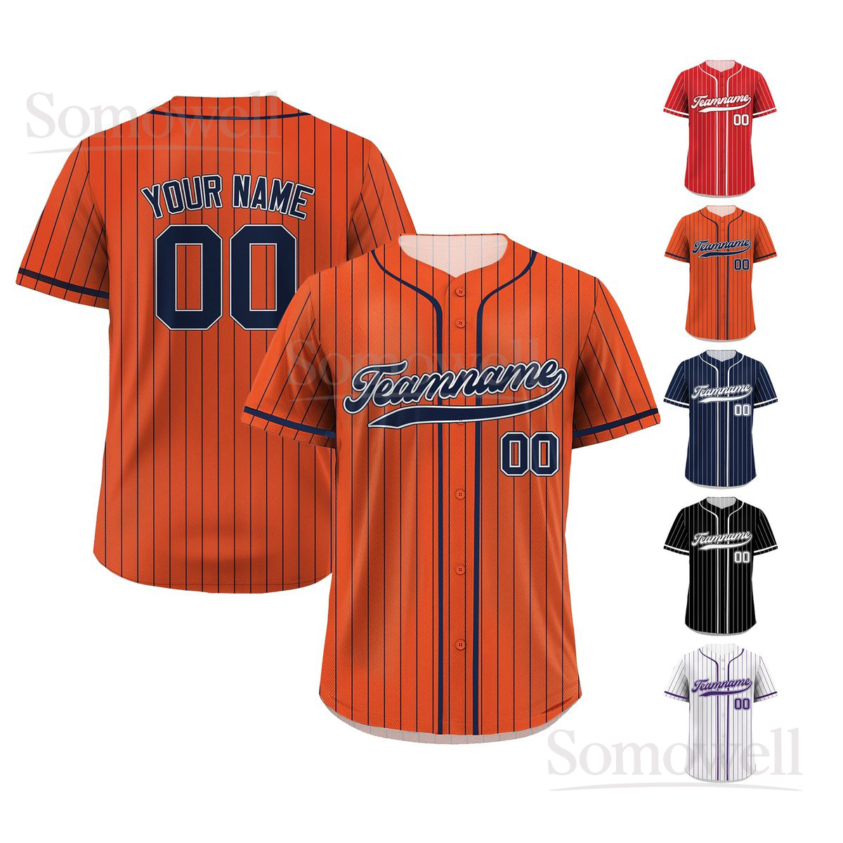 Printed Orange Navy Pinstripe Custom Baseball Jersey with Teamname Name Number Multi Color Edition