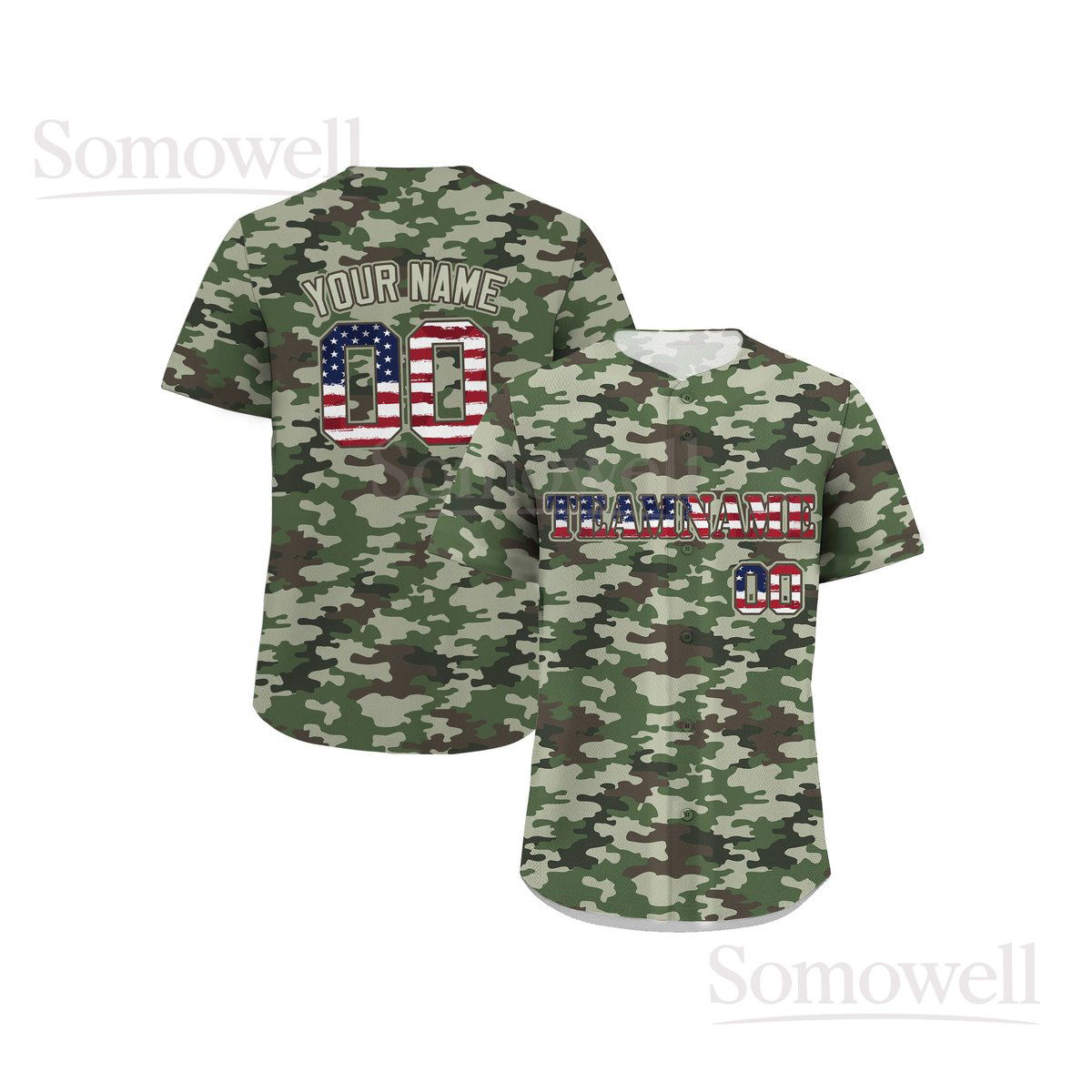 Custom Printed Camo Baseball Jersey Shirt Personalized with Team Name and Number for Sports Fans Green Military Style