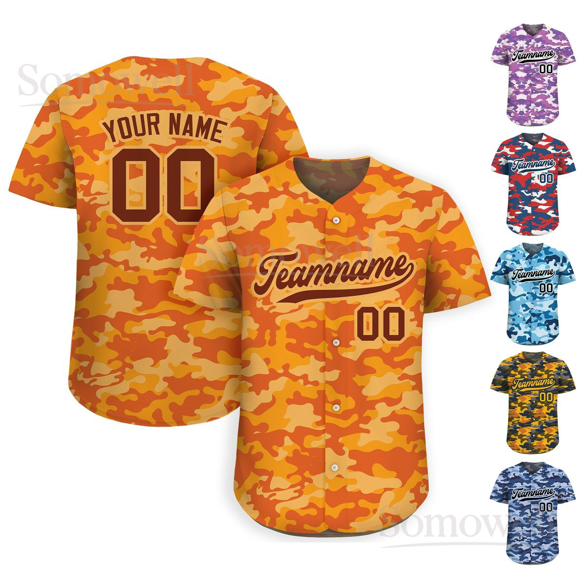 Printed Personalized Orange Camo Baseball Jersey with Teamname Name Number Custom Uniform Multi Color Edition