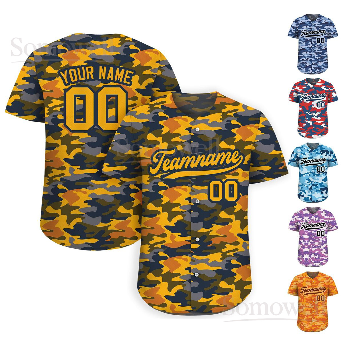 Printed Personalized Yellow Camo Baseball Jersey with Teamname Name Number in Multiple Colors