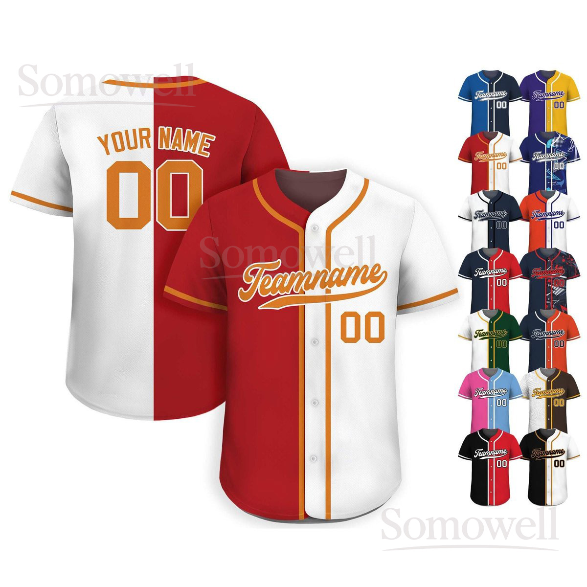 Printed Red White Custom Baseball Jersey with Teamname Name Number Personalized Teamwear Multi Color Edition