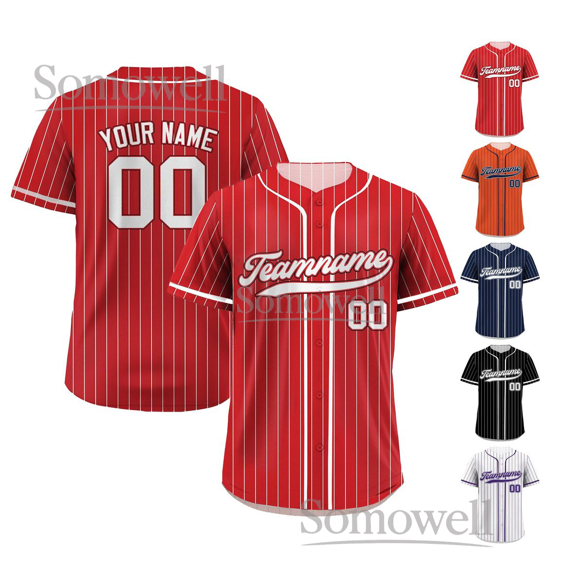 Printed Red White Pinstripe Custom Baseball Jersey with Teamname Name Number Available in Multiple Colors