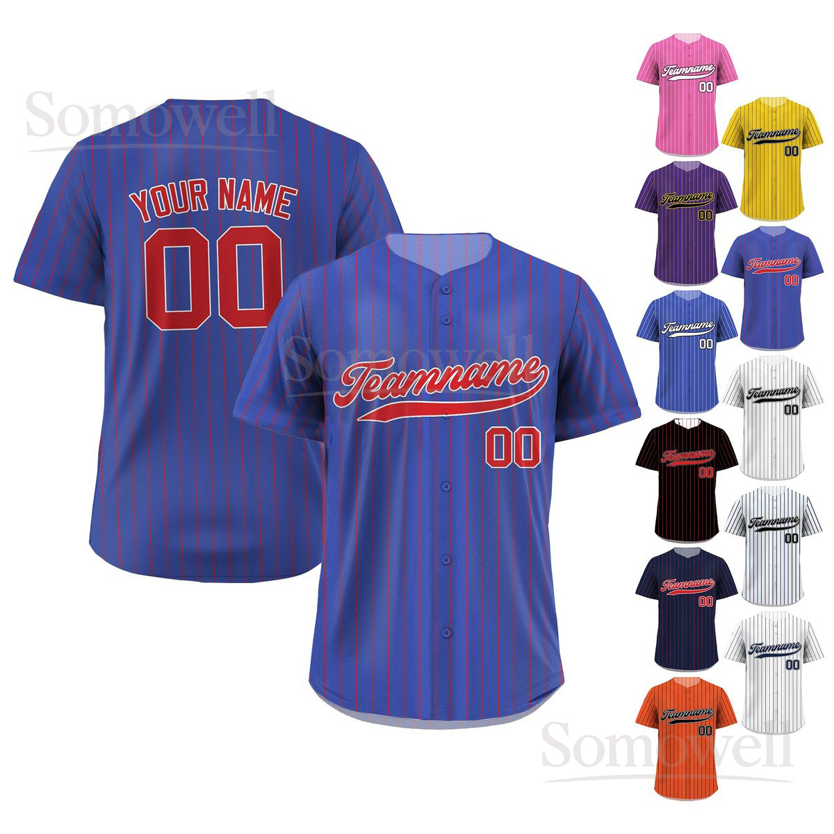 Printed Royal Blue Red Pinstripe Custom Baseball Jersey Many Colors with Teamname Name Number